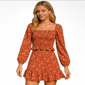 Crystal Doll Floral Smocked Blouse & Ruffled Skirt Set Red Cream Size Medium